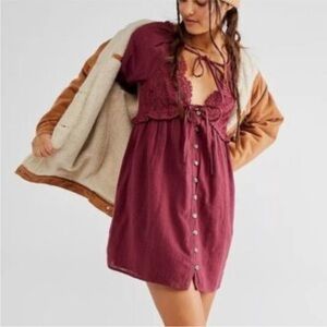 Free People Lace-Trim Button Front Burgundy Babydoll Dress